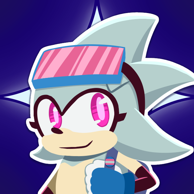 A silver hedgehog with a pink visor over her eyes.