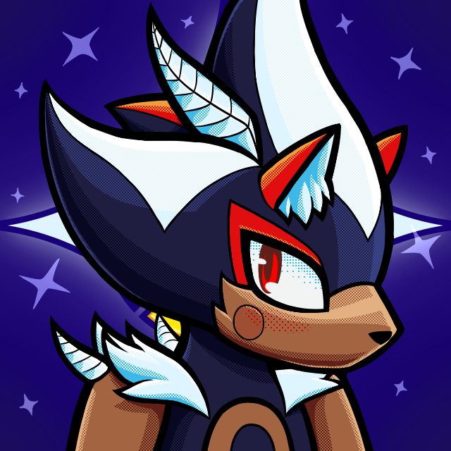 An anthro hedgehog with star shaped streaks in their quills. They have red eyes, and a few white dragon horns.