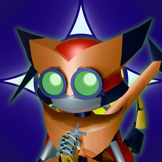 A mostly orange shapedroid modeled after a fox and a hawk owl.