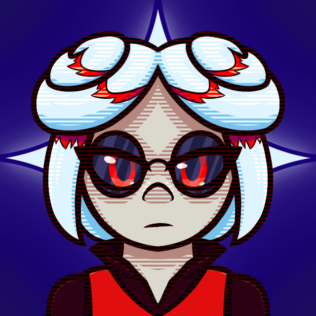 A human girl with white hair styled in twin swirls. She wears circular dark glasses over her eyes, which are bright red and have black schleras.