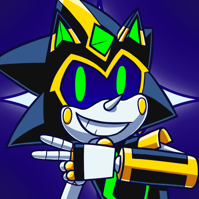 A black and yellow robot hedgehog with a neon green gem on their forehead.