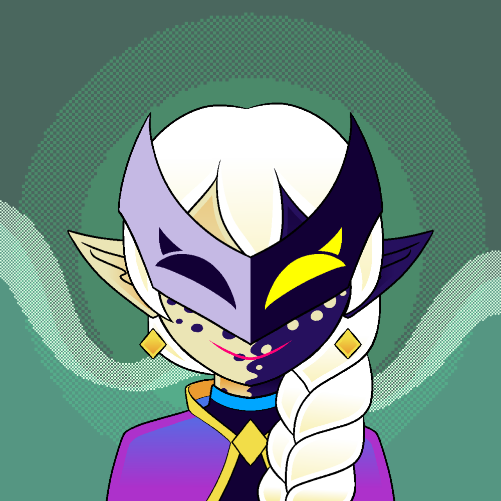 A humanoid with white hair in a french braid and two skin colours. They wear a mask split similarly down the middle, half black and half light purple.
