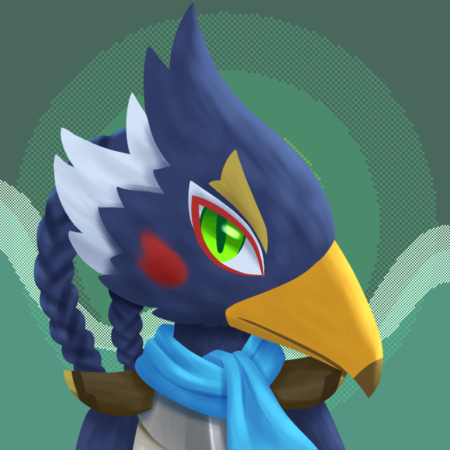 A dark blue avian with light markings at the back of the head and a tan beak. He has red eyeliner and cheek spots. He wears a blue scarf.