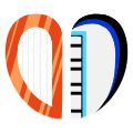An icon of an orange harp and a black, white, and blue piano. The two are arranged to look like a heart.