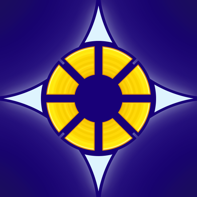 A golden circle surrounded by four white spikes against a dark blue background.