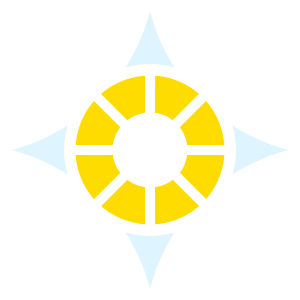 A yellow circle with a hollow center and eight spokes cut out of it at regular intervals. A milky white star shines from behind it.